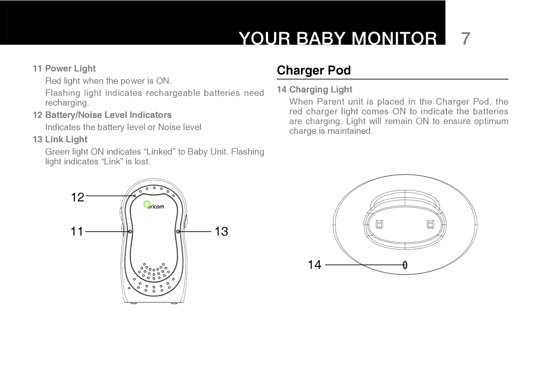 Oricom 50 manual Charger Pod, Battery/Noise Level Indicators, Link Light, Charging Light 