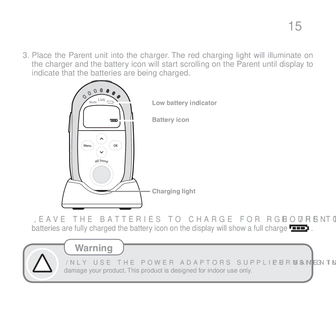 Oricom 510 manual Low battery indicator Battery icon Charging light 