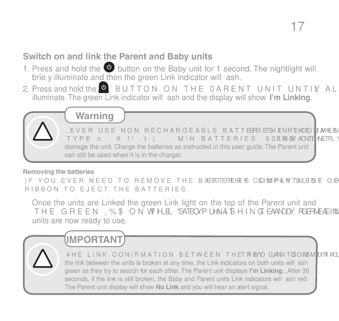 Oricom 510 manual Switch on and link the Parent and Baby units, Removing the batteries 