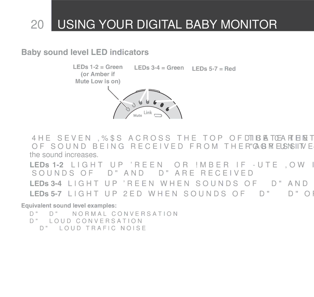 Oricom 510 manual Baby sound level LED indicators, LEDs 3-4 = Green LEDs 5-7 = Red, Equivalent sound level examples 