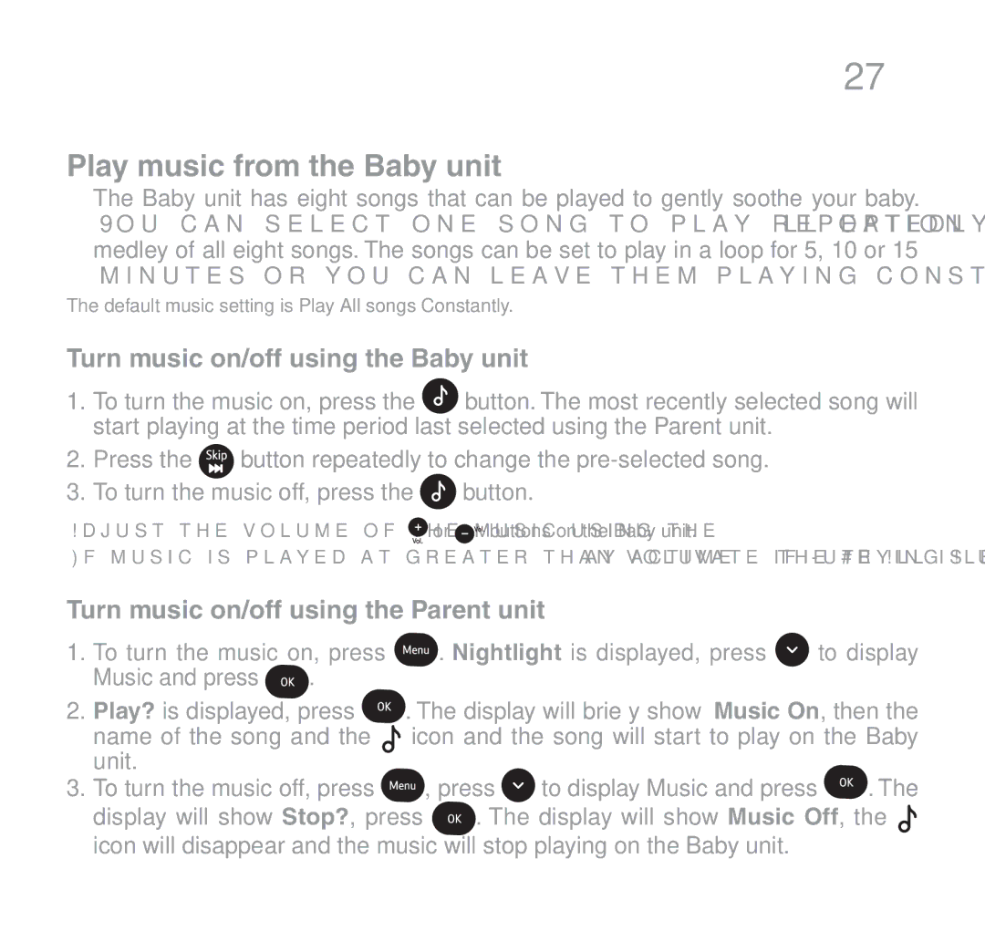 Oricom 510 Play music from the Baby unit, Turn music on/off using the Baby unit, Turn music on/off using the Parent unit 