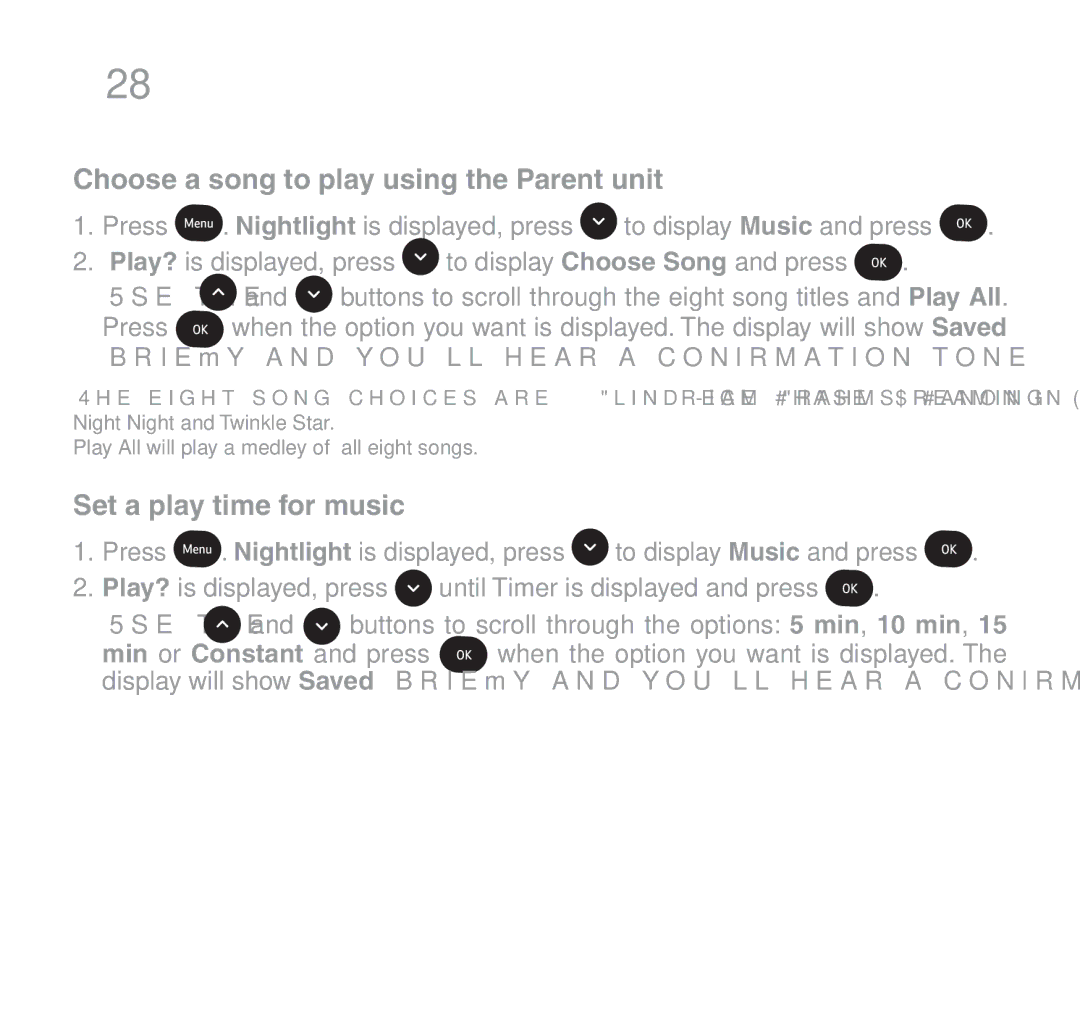 Oricom 510 manual Choose a song to play using the Parent unit, Set a play time for music, Min or Constant and press 