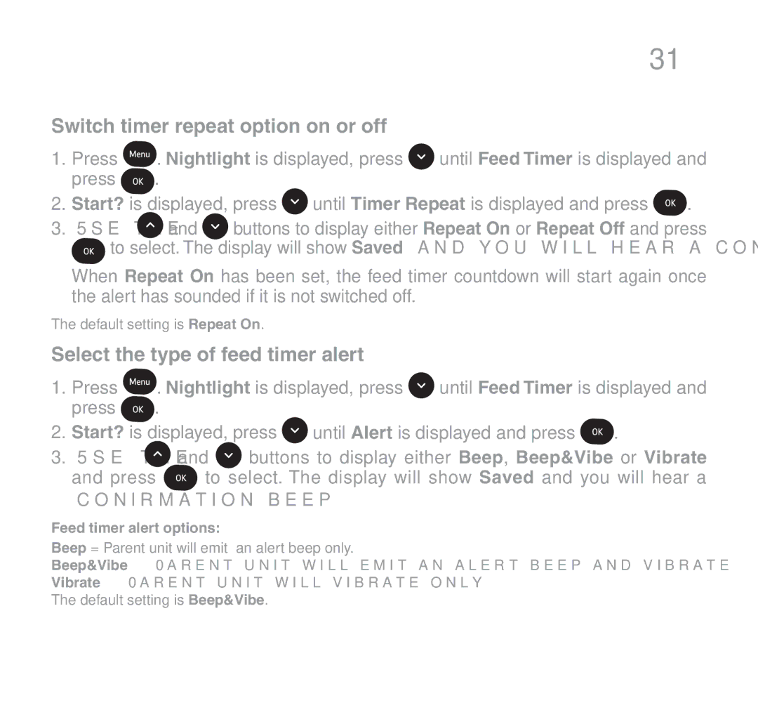 Oricom 510 manual Switch timer repeat option on or off, Select the type of feed timer alert, Feed timer alert options 