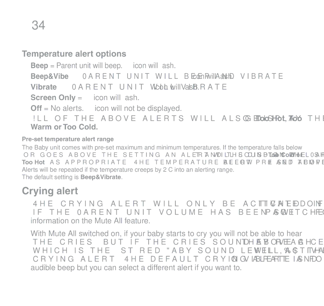 Oricom 510 manual Crying alert, Temperature alert options, Screen Only =, Warm or Too Cold 