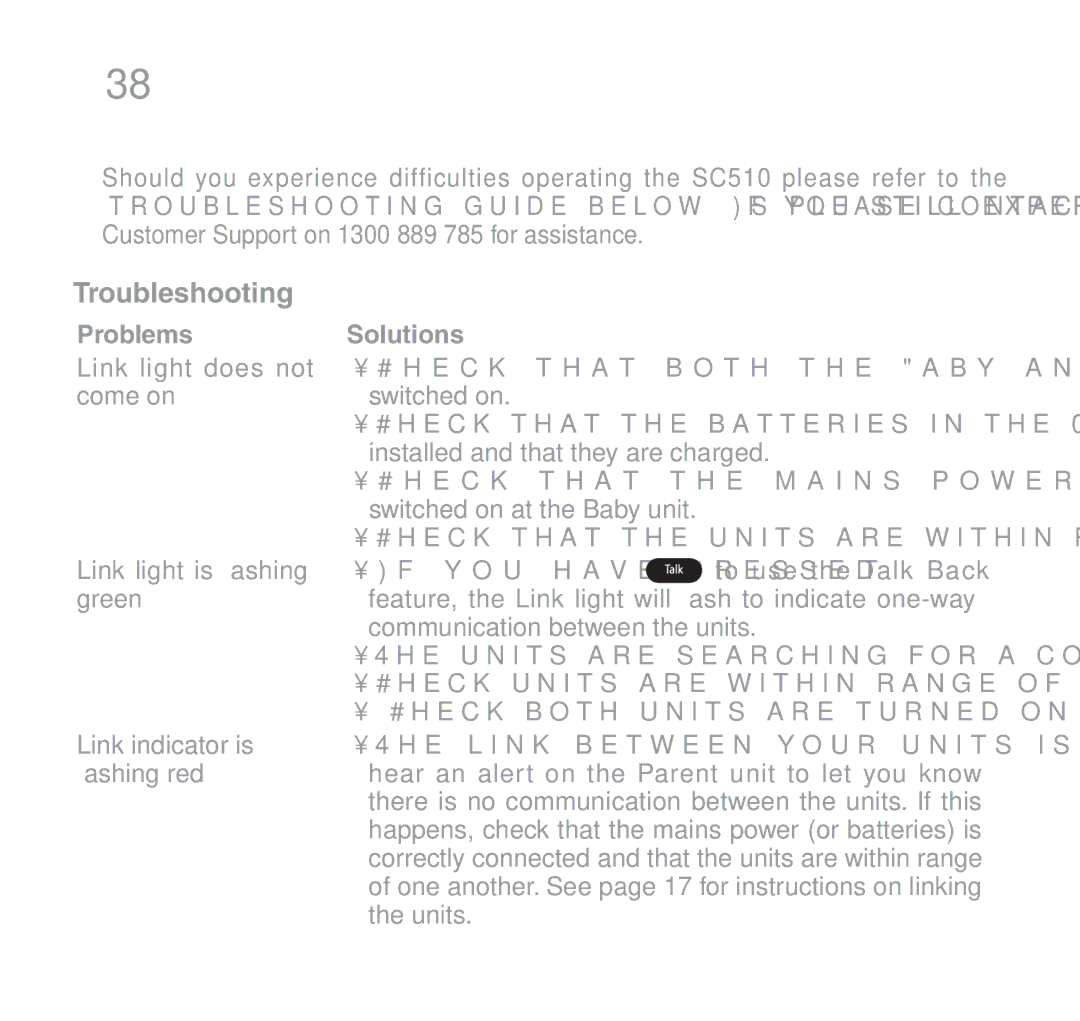 Oricom 510 manual Troubleshooting, Problems Solutions, ¥¥F YOU have Presseds, ¥¥#HECKKBOTH Units are TURNEDEON 