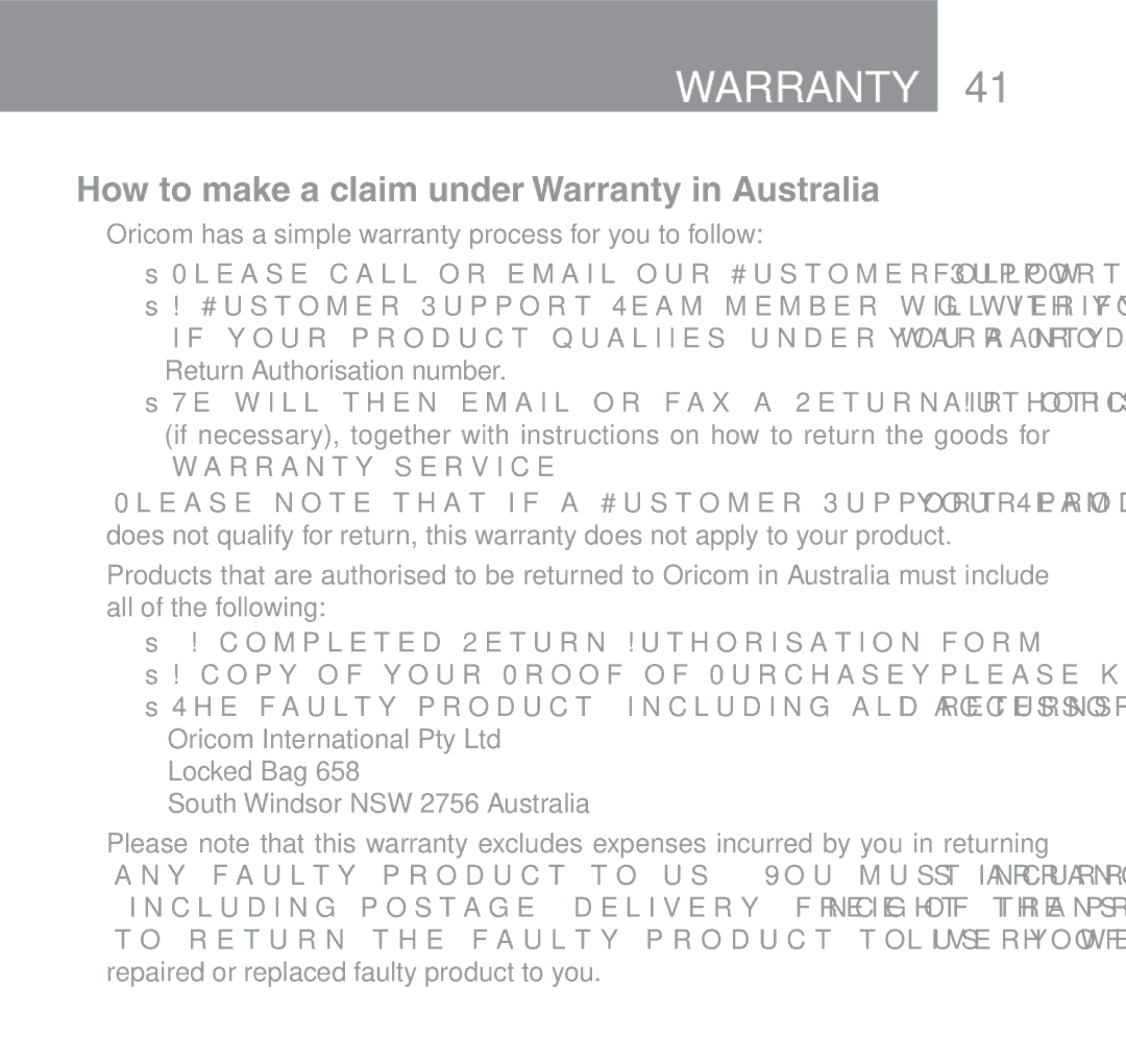 Oricom 510 How to make a claim under Warranty in Australia, Oricom has a simple warranty process for you to follow 