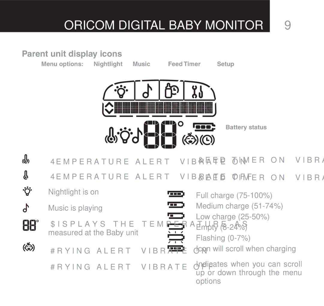 Oricom 510 Parent unit display icons, Music is playing, Eedetimerton VIBRATETON Eedetimerton VIBRATETOFF, Battery status 