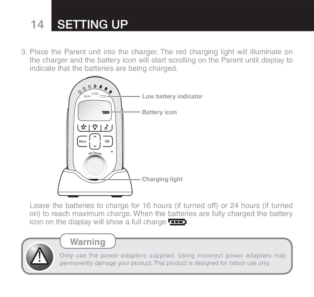 Oricom 610 manual Icon on the display will show a full charge, Low battery indicator Battery icon Charging light 