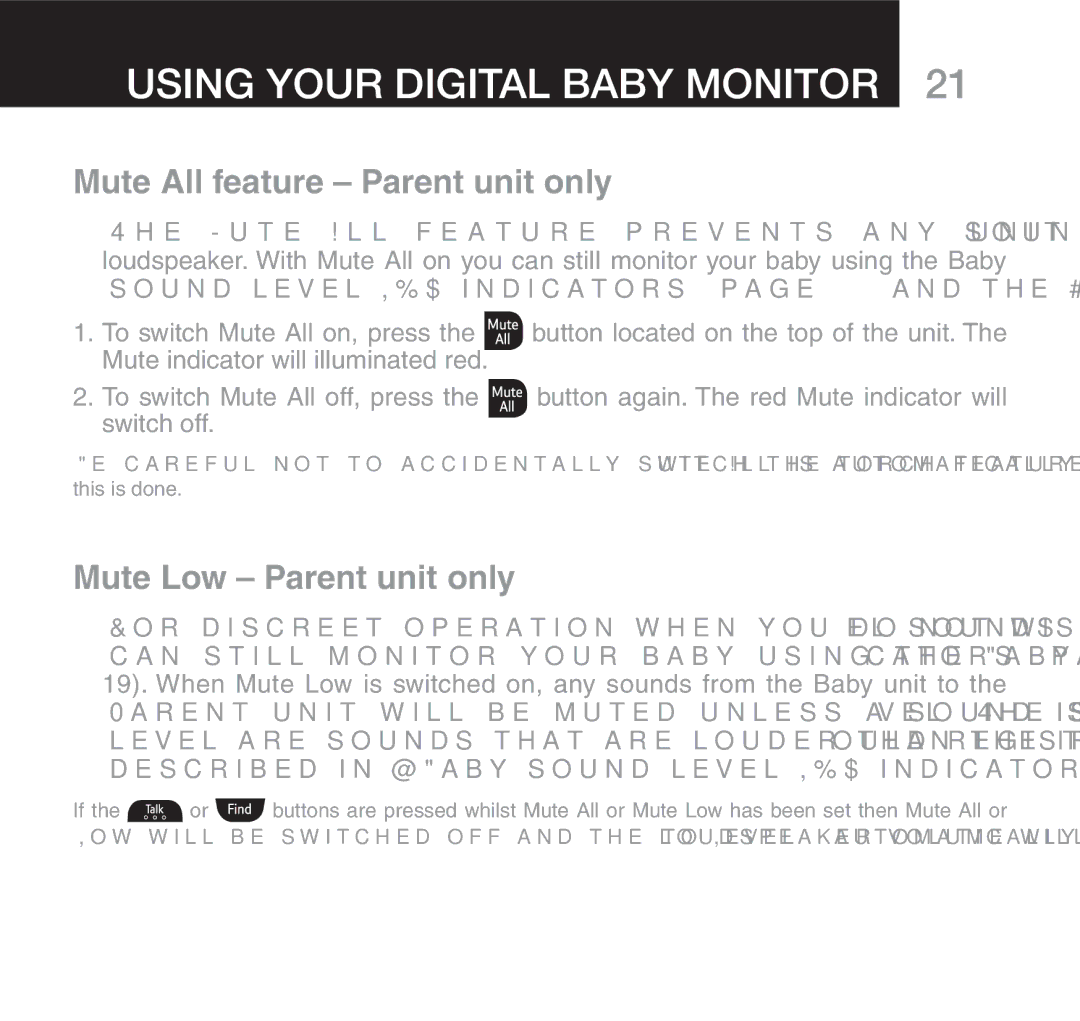 Oricom 610 manual Mute All feature Parent unit only, Mute Low Parent unit only 