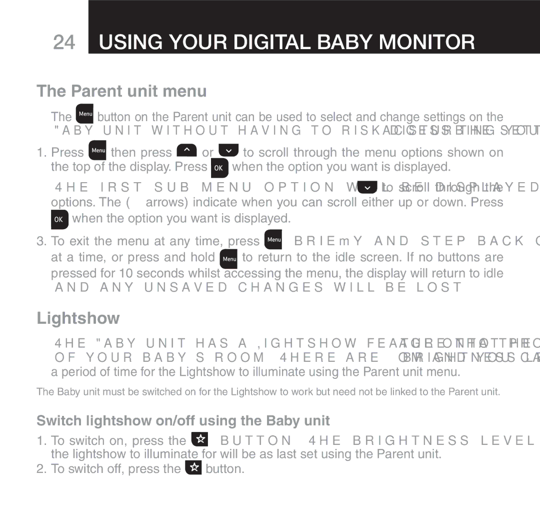 Oricom 610 Parent unit menu, Lightshow, Switch lightshow on/off using the Baby unit, Andnanyyunsaveddchangesawill BESLOST 