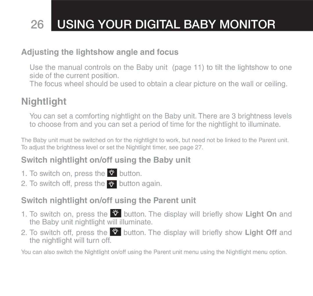 Oricom 610 manual Nightlight, Adjusting the lightshow angle and focus, Switch nightlight on/off using the Baby unit 