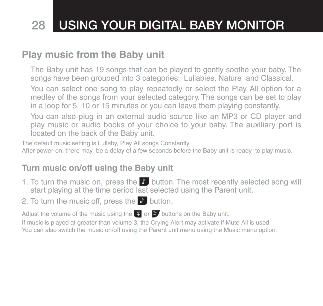 Oricom 610 manual Play music from the Baby unit, Turn music on/off using the Baby unit 