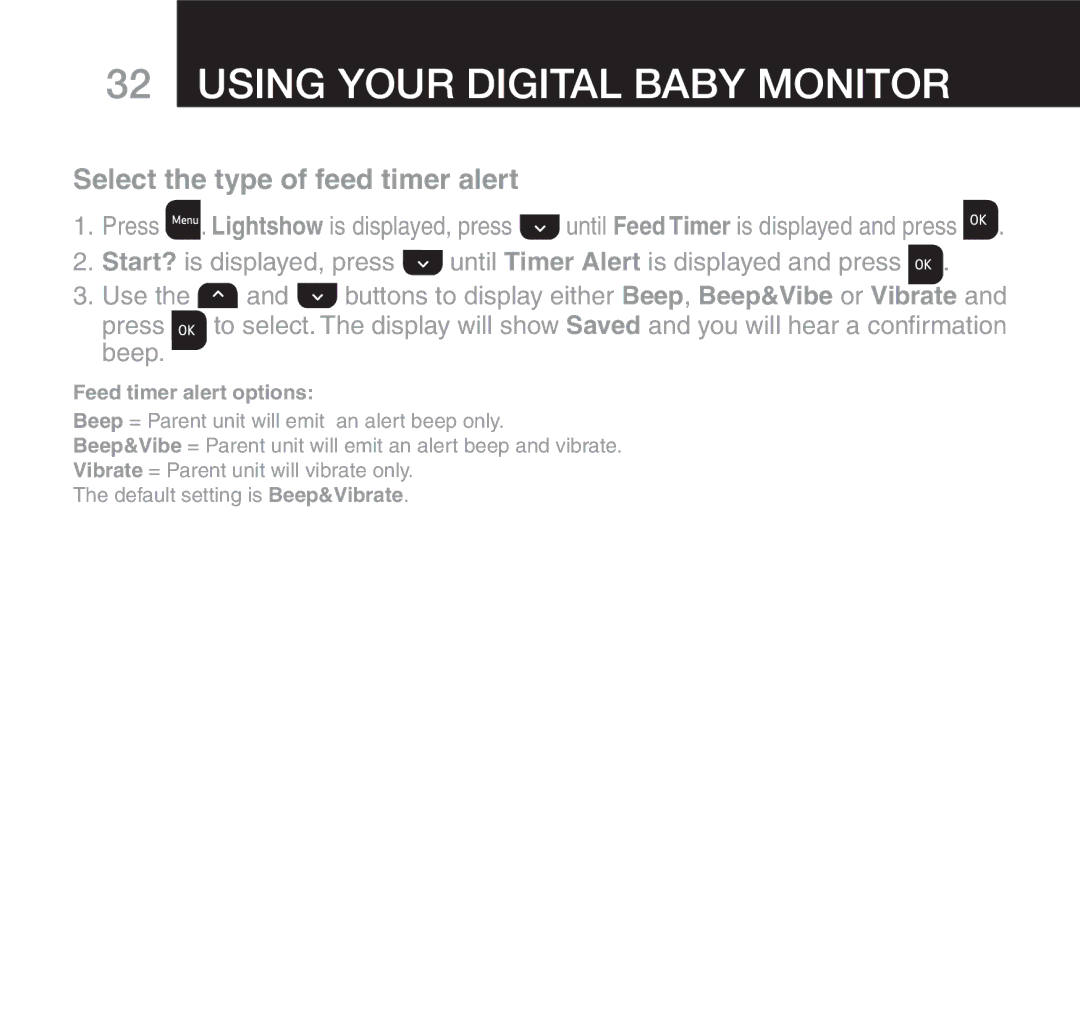 Oricom 610 manual Select the type of feed timer alert, Beep, Feed timer alert options 