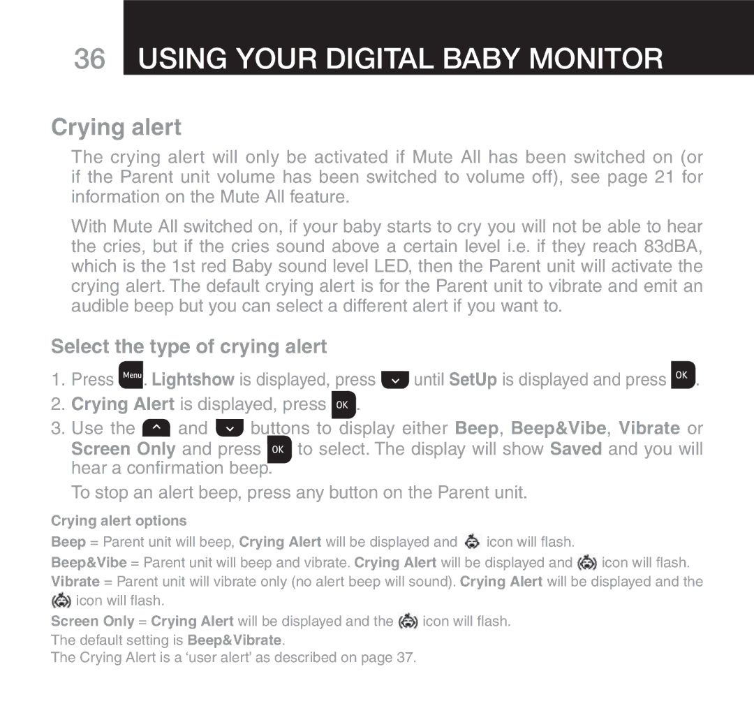 Oricom 610 manual Select the type of crying alert, Crying alert options 