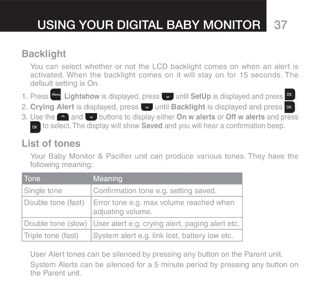 Oricom 610 manual Backlight, List of tones, Single tone, Adjustingsvolume 