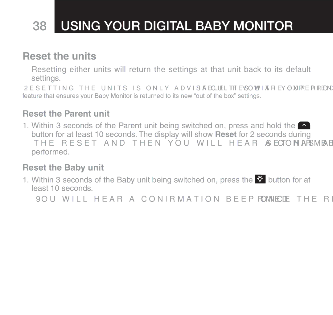 Oricom 610 manual Reset the units, Reset the Parent unit, Reset the Baby unit 