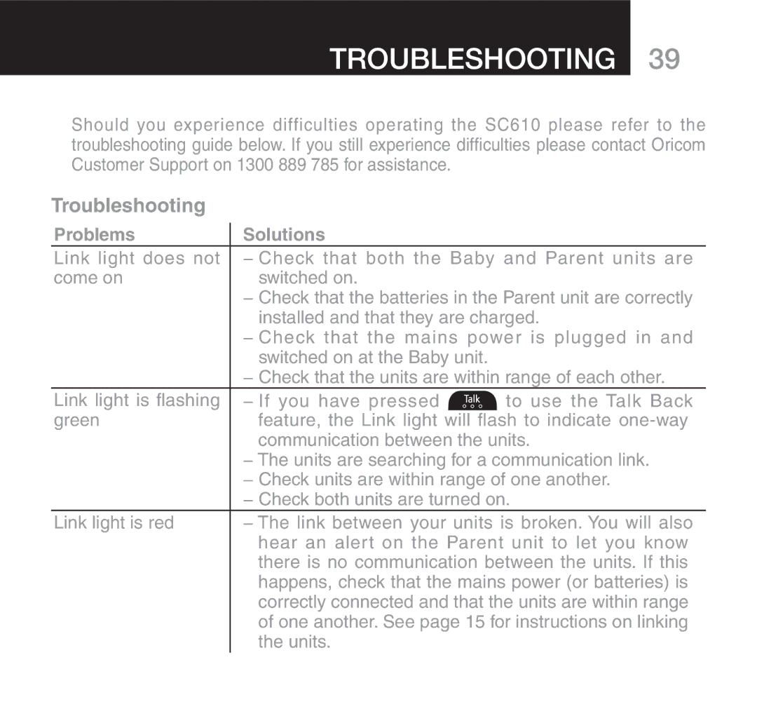 Oricom 610 manual Troubleshooting, ¥¥F YOU have Presseds, ¥¥#HECKKBOTH Units are TURNEDEON 