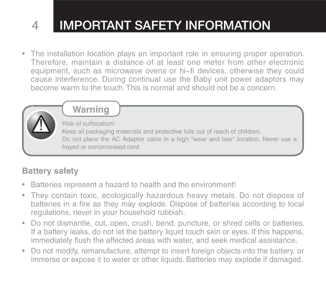 Oricom 610 manual Battery safety, 2ISK OFKSUFFOCATION 