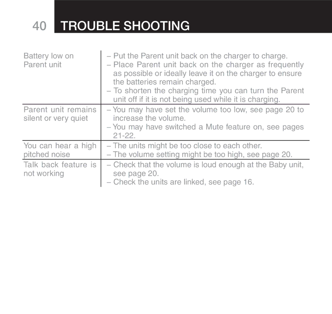 Oricom 610 manual Trouble Shooting, Increase the VOLUME, ¥¥#HECKKTHETUNITS ARENLINKEDDSEE page  