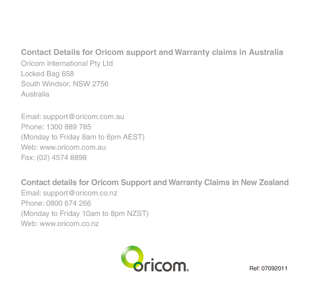 Oricom 610 manual Email support@oricom.co.nz Phone 0800 674 