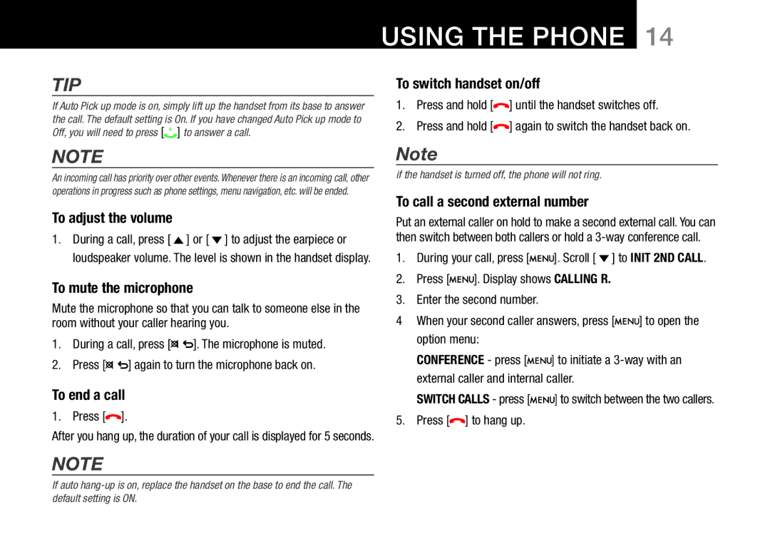 Oricom 8800, 8000 manual To switch handset on/off, To adjust the volume, To mute the microphone, To end a call 