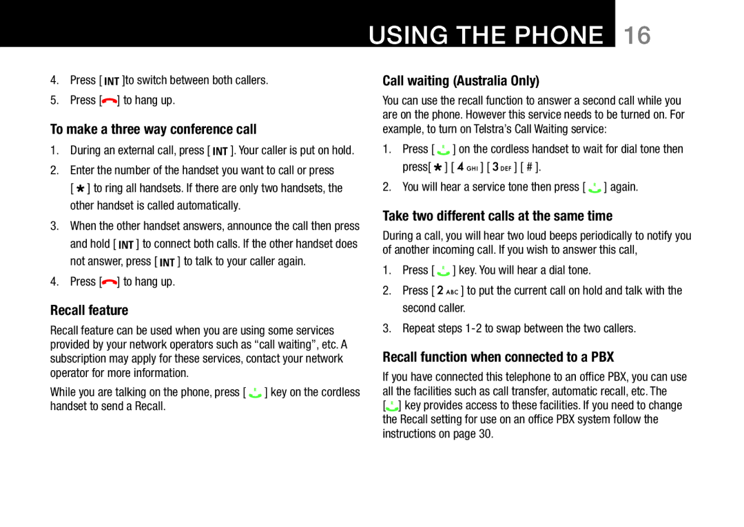 Oricom 8800, 8000 manual To make a three way conference call, Recall feature, Call waiting Australia Only 