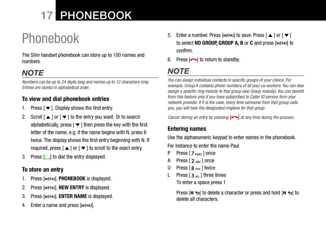 Oricom 8000, 8800 manual Phonebook, To view and dial phonebook entries, To store an entry, Entering names 