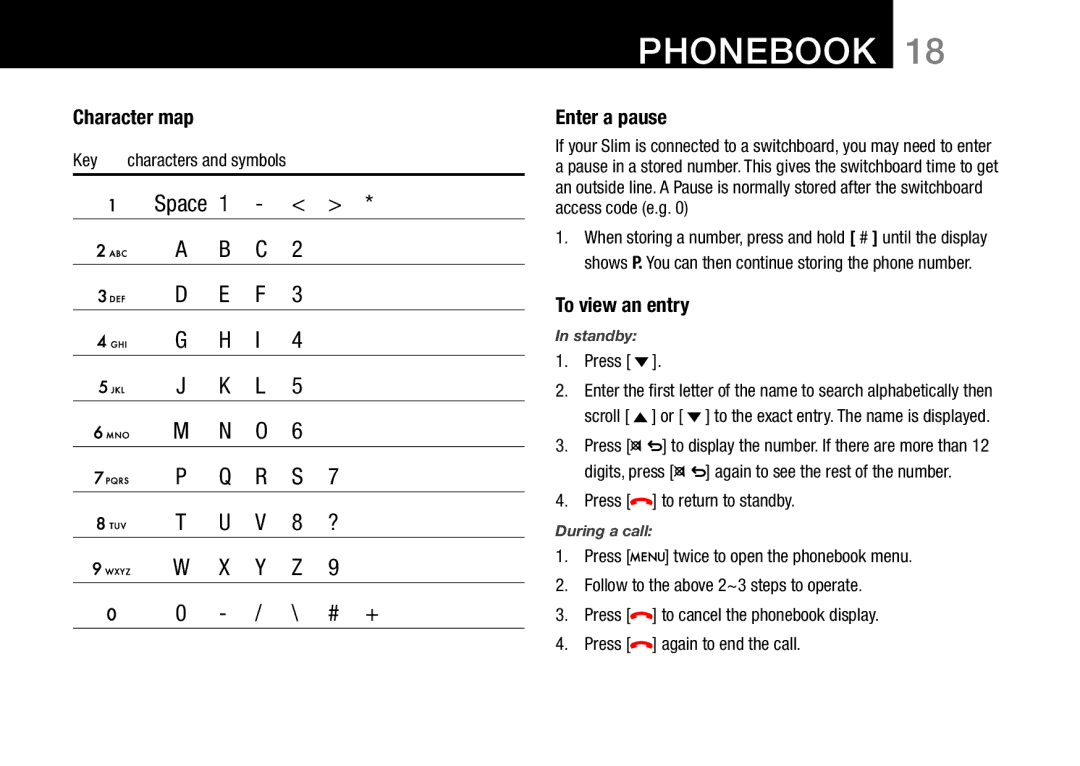 Oricom 8800, 8000 manual Character map, Enter a pause, To view an entry, Key, Space 