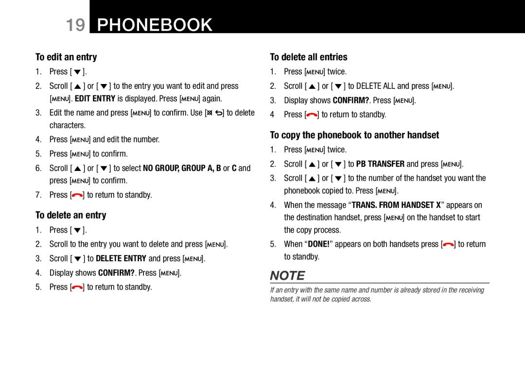 Oricom 8000, 8800 To edit an entry, To delete an entry, To delete all entries, To copy the phonebook to another handset 