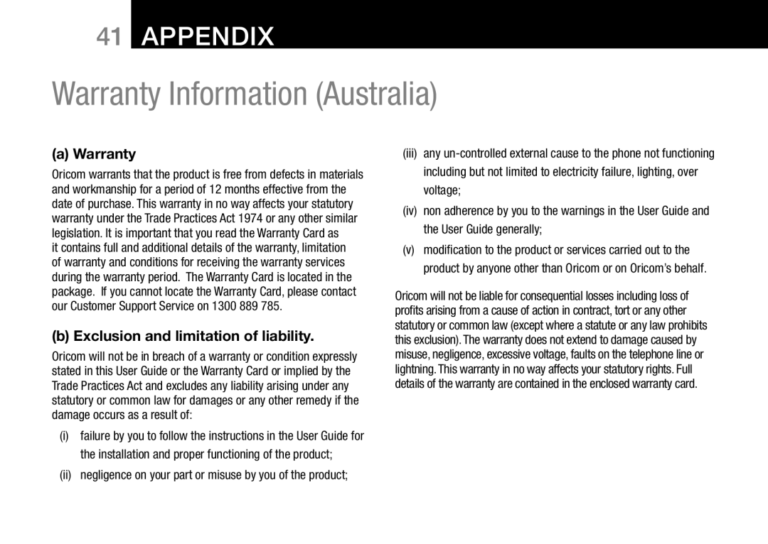 Oricom 8000, 8800 manual Warranty Information Australia 