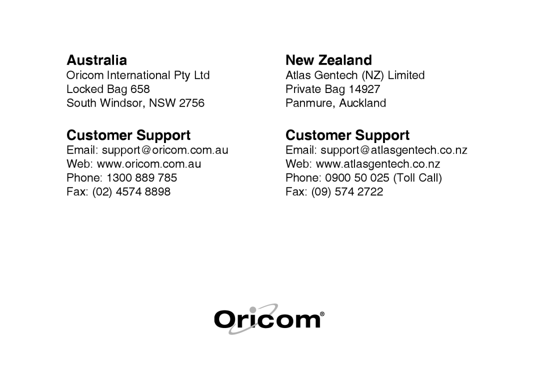 Oricom 8000, 8800 manual Australia New Zealand 