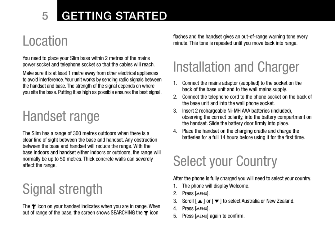 Oricom 8000, 8800 manual Location, Handset range, Signal strength, Installation and Charger, Select your Country 