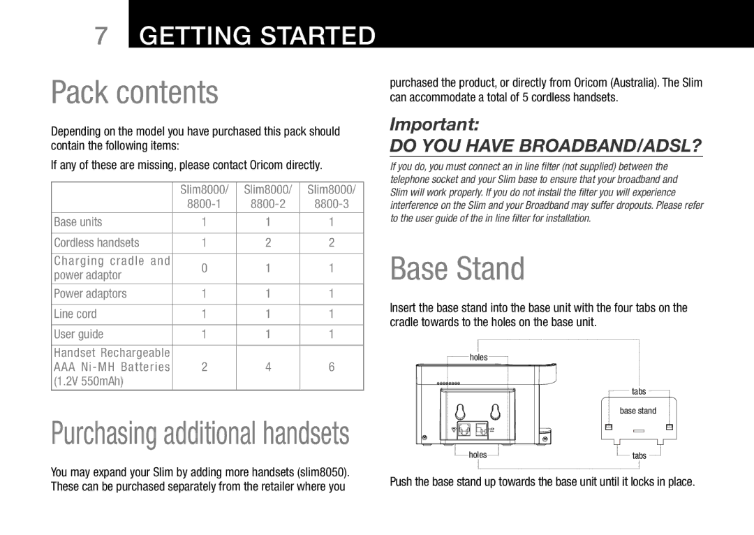 Oricom 8000, 8800 manual Pack contents, Base Stand 