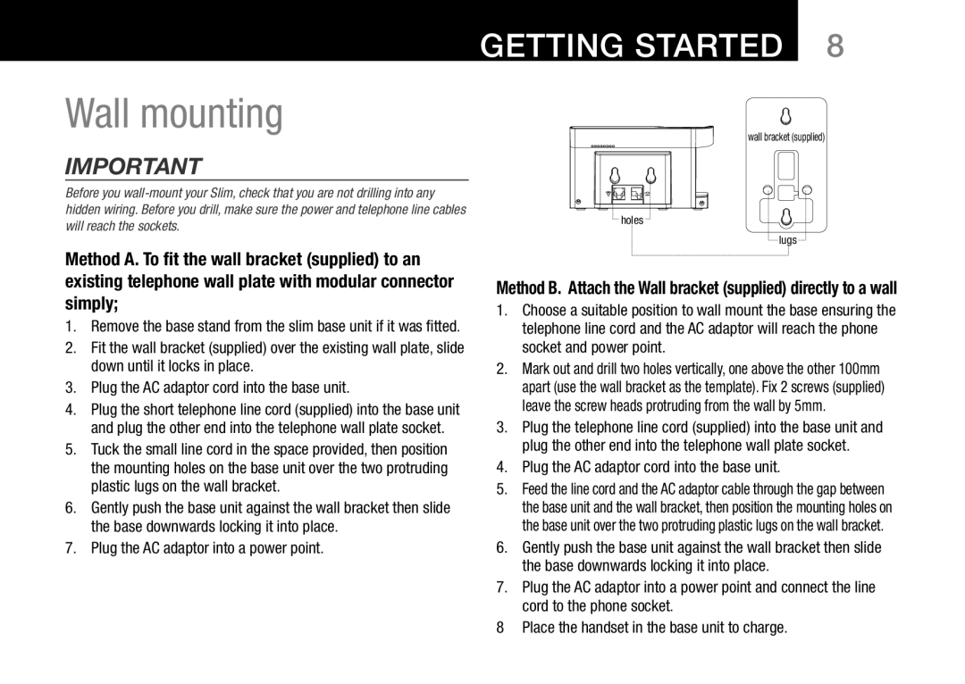 Oricom 8800, 8000 manual Wall mounting, Plug the AC adaptor into a power point 