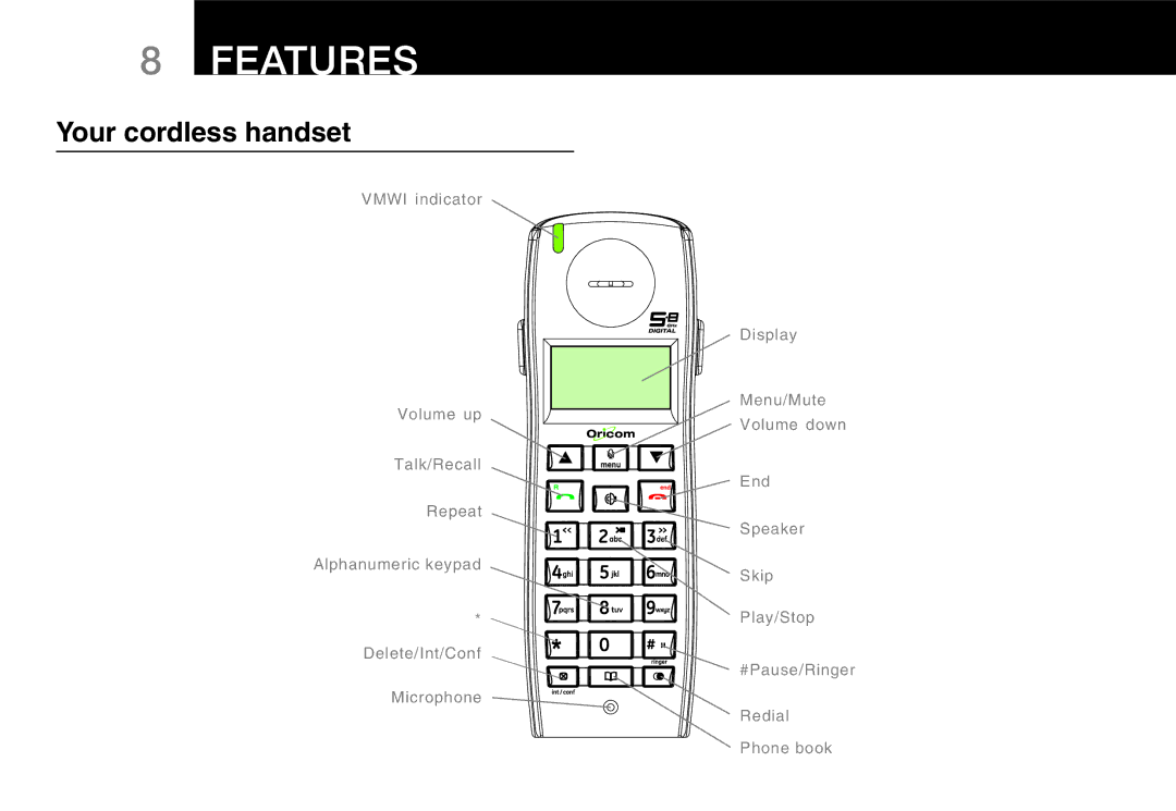 Oricom 9800, 9400 manual FEATuRES, Your cordless handset 