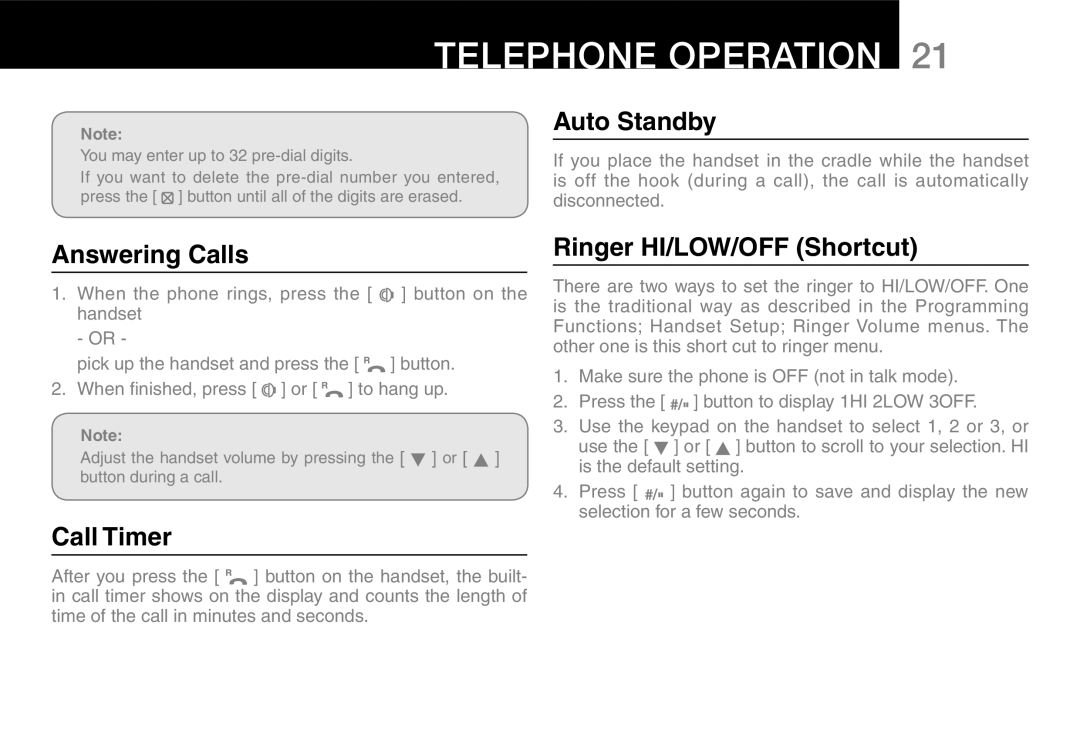 Oricom 9400, 9800 manual Auto Standby, Answering Calls, Call Timer Ringer HI/LOW/OFF Shortcut 