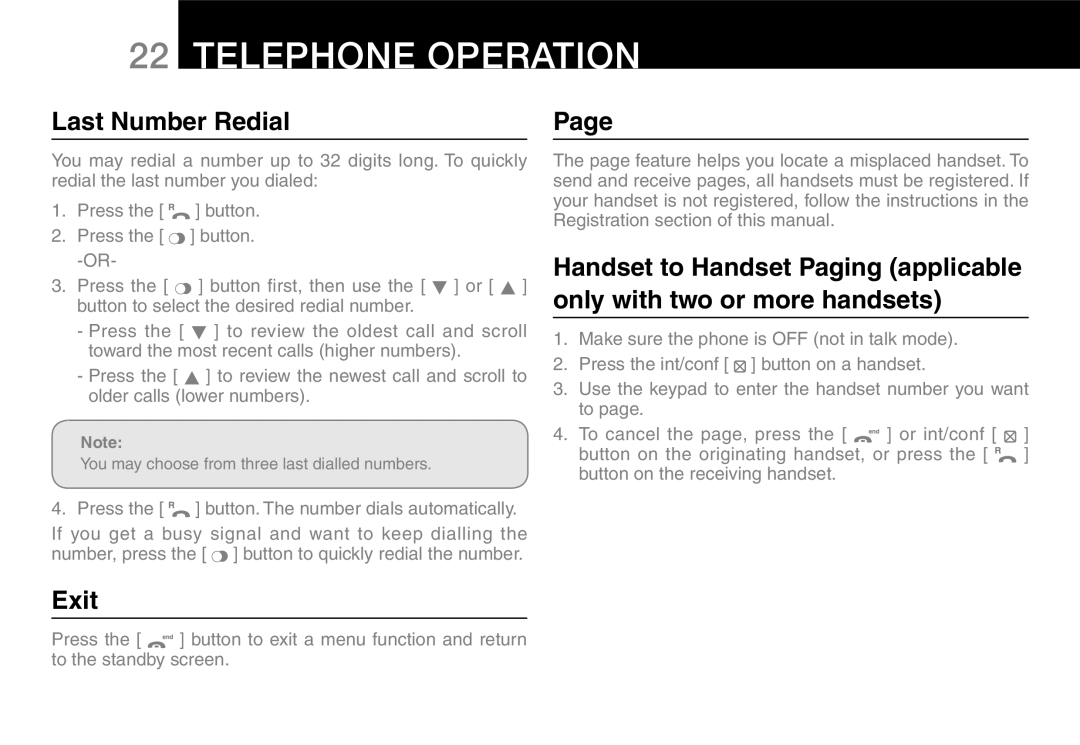 Oricom 9800, 9400 manual Last Number Redial, Exit 