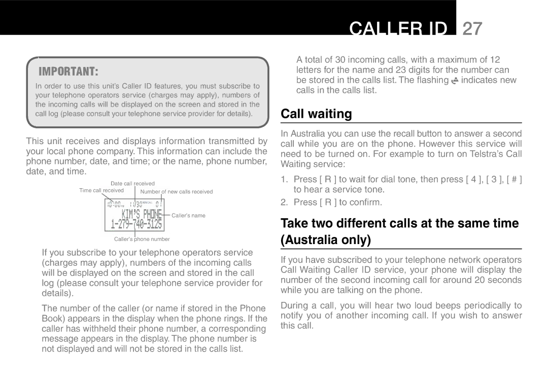 Oricom 9400, 9800 manual Caller ID, Call waiting, Take two different calls at the same time Australia only 