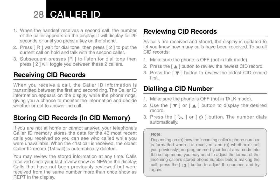 Oricom 9800, 9400 Receiving CID Records, Storing CID Records In CID Memory, Reviewing CID Records, Dialling a CID Number 