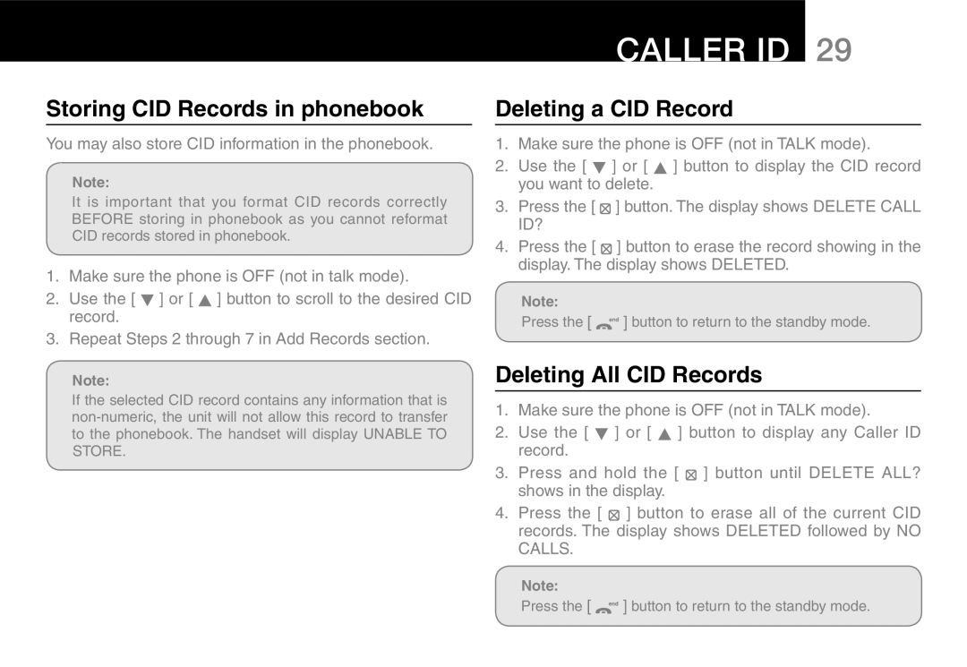 Oricom 9400, 9800 manual Storing CID Records in phonebook, Deleting a CID Record, Deleting All CID Records 