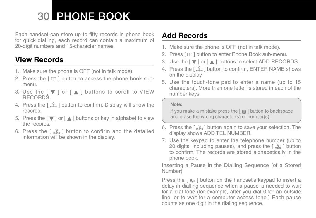 Oricom 9800, 9400 manual Phone book, View Records, Add Records 