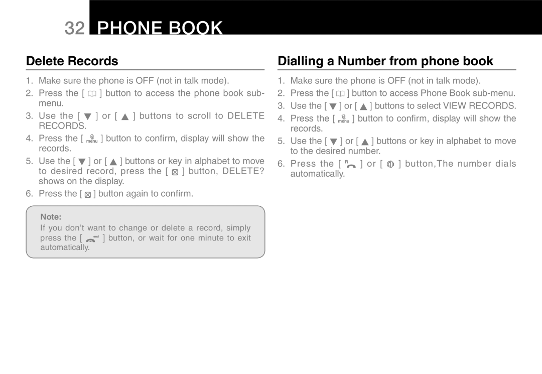 Oricom 9800, 9400 manual Delete Records, Dialling a Number from phone book 