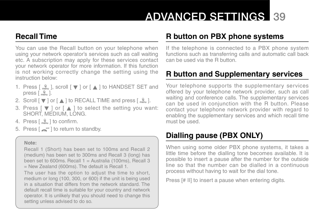 Oricom 9400, 9800 manual Advanced Settings, Recall Time, Button on PBX phone systems, Button and Supplementary services 