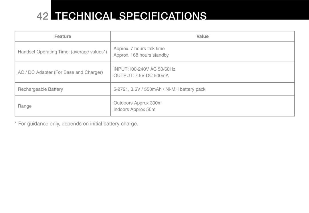 Oricom 9800, 9400 manual TEChNICAL SpECIFICATIONS, Feature Value 