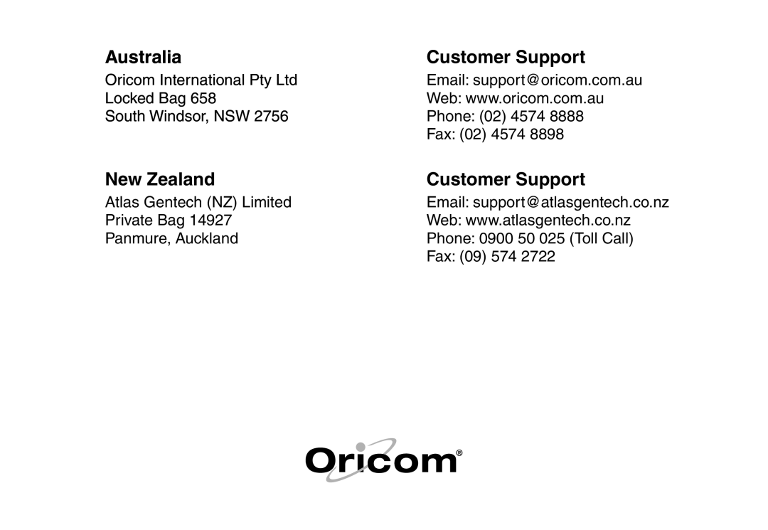 Oricom 9800, 9400 manual Australia Customer Support, New Zealand Customer Support 