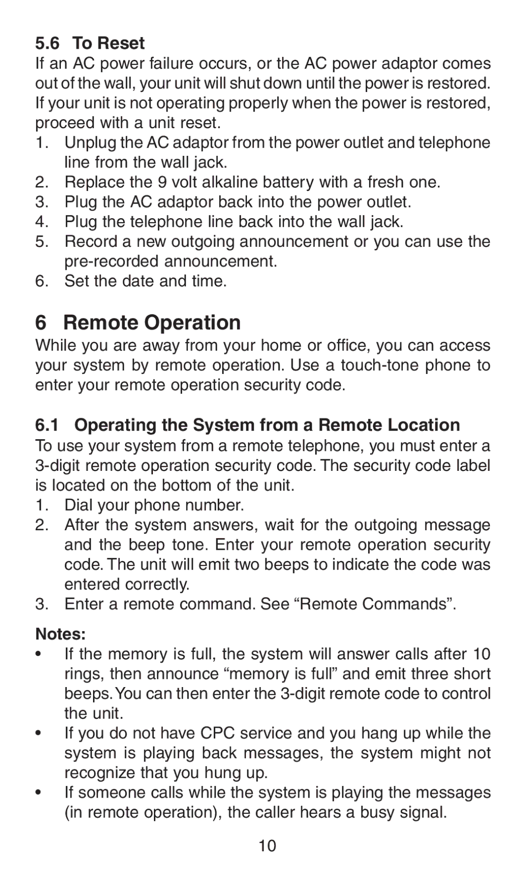 Oricom AM100 manual Remote Operation, To Reset, Operating the System from a Remote Location 