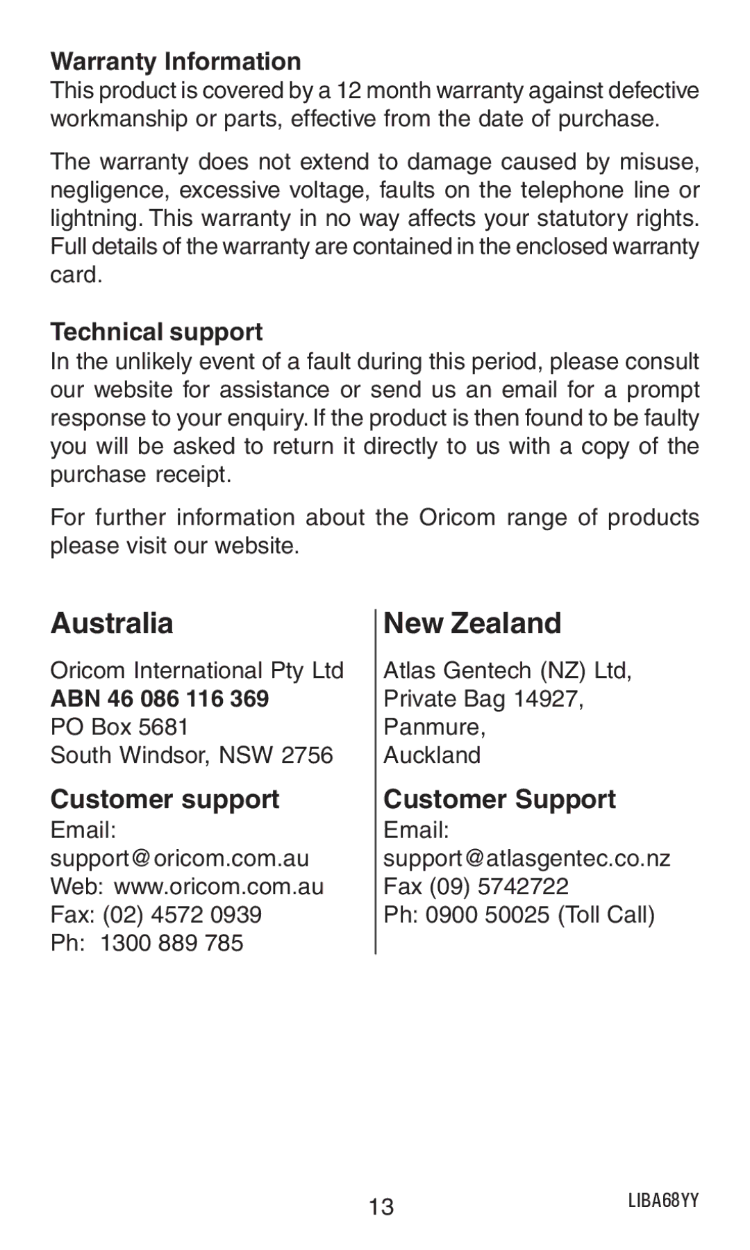 Oricom AM100 manual Australia, New Zealand, Warranty Information, Technical support, ABN 46 086 116 