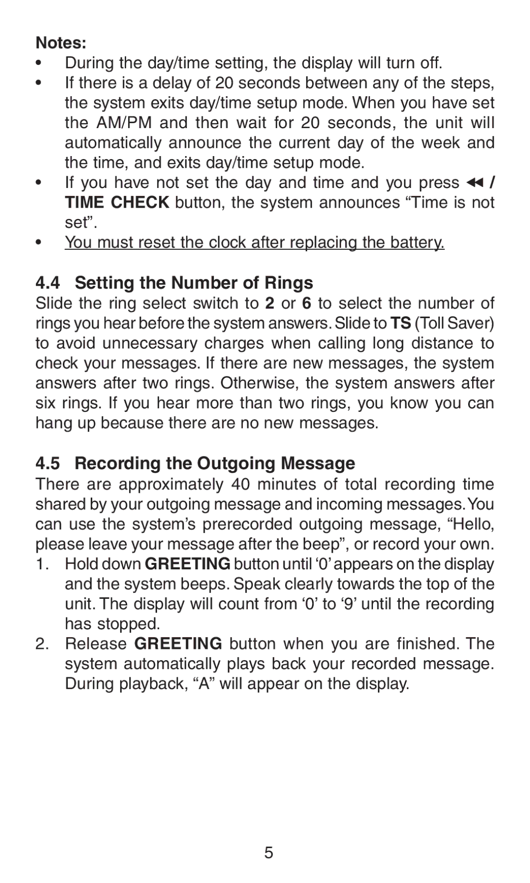 Oricom AM100 manual Setting the Number of Rings, Recording the Outgoing Message 