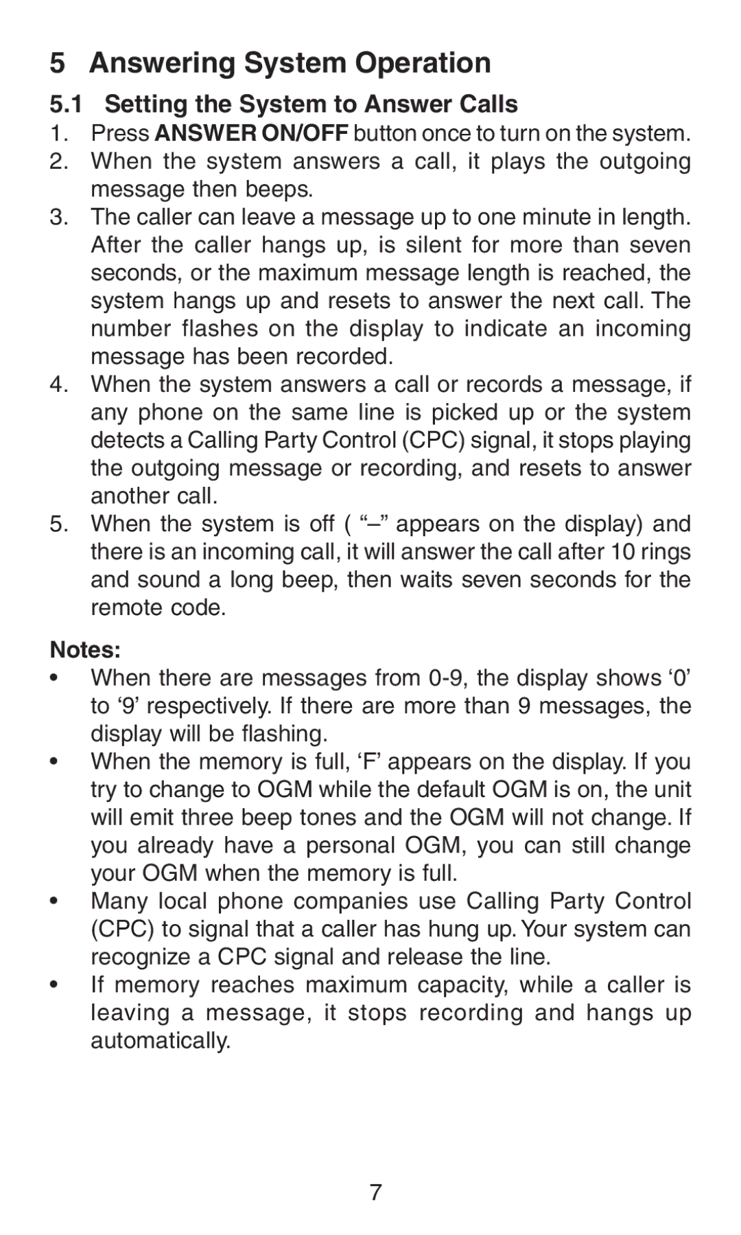 Oricom AM100 manual Answering System Operation, Setting the System to Answer Calls 