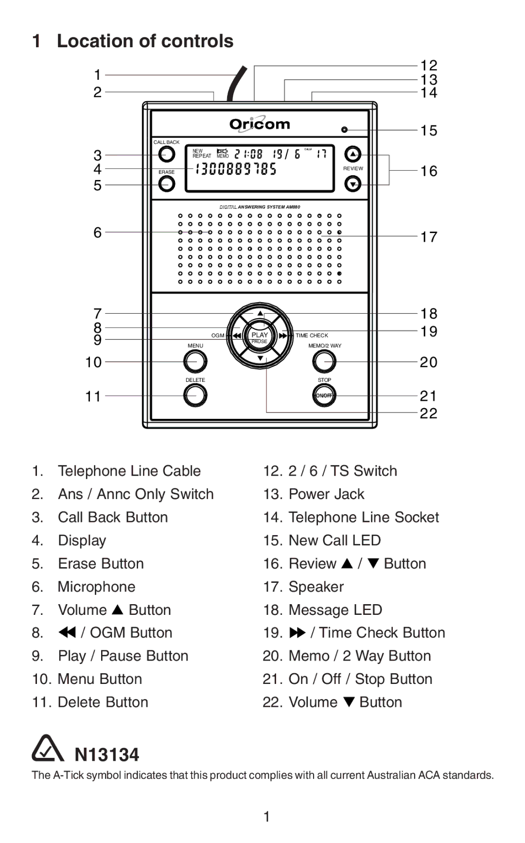 Oricom AM880 warranty Location of controls, N13134 